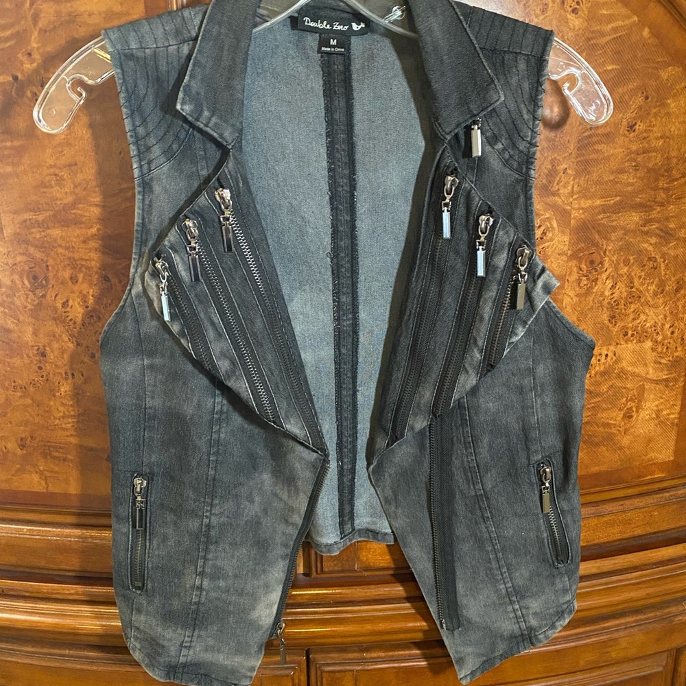 Black Denim Vest with Zipper Details